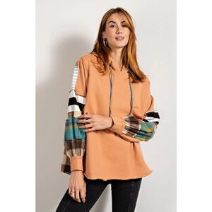 Easel Womens Peach Cottagecore Plaid Oversized Boho Cozy Casual Hoodie Sweater